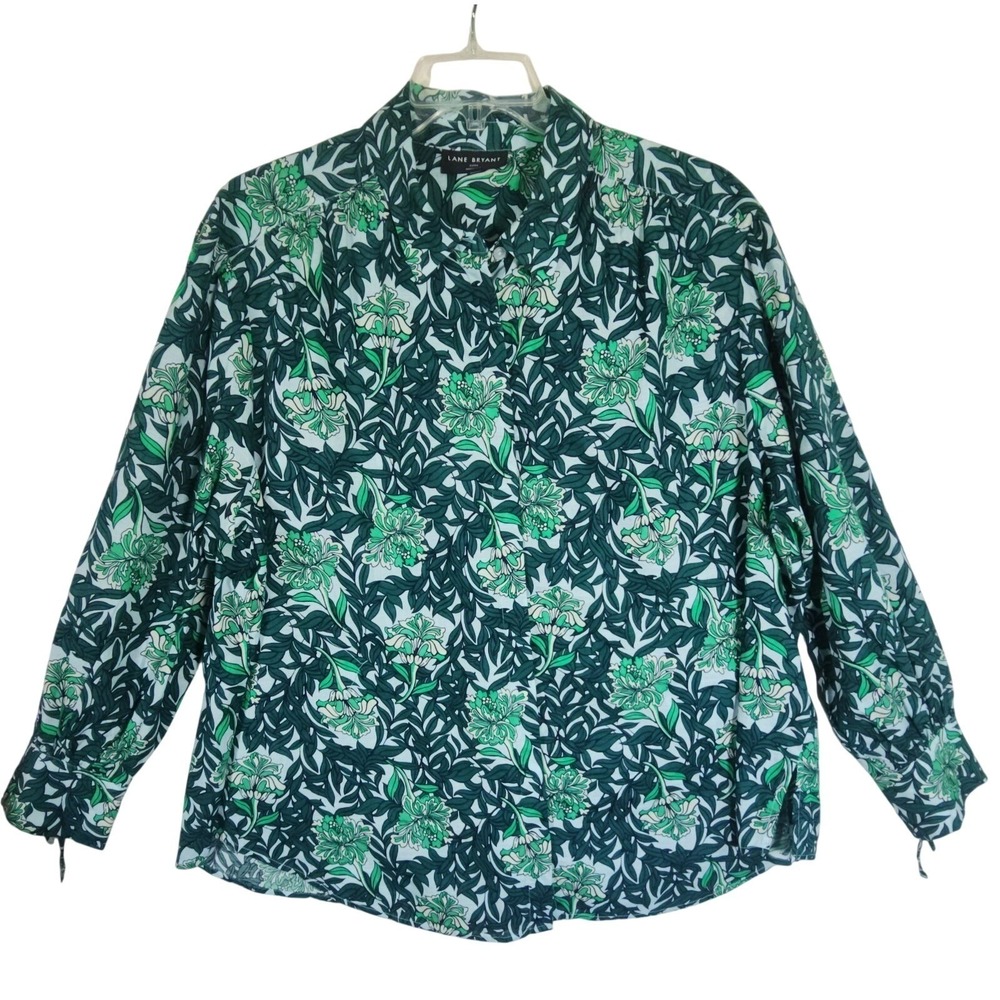 Lane Bryant Womens 22/24 Floral Blouse Green White 100% Cotton Cottagecore Boho